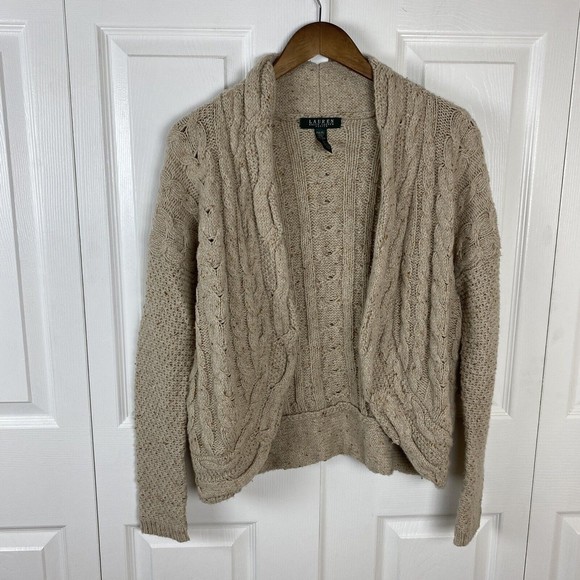 Lauren Ralph Lauren Size M Wool Alpaca Sweater Cardigan Cable Knit Brown Tan - Picture 1 of 3